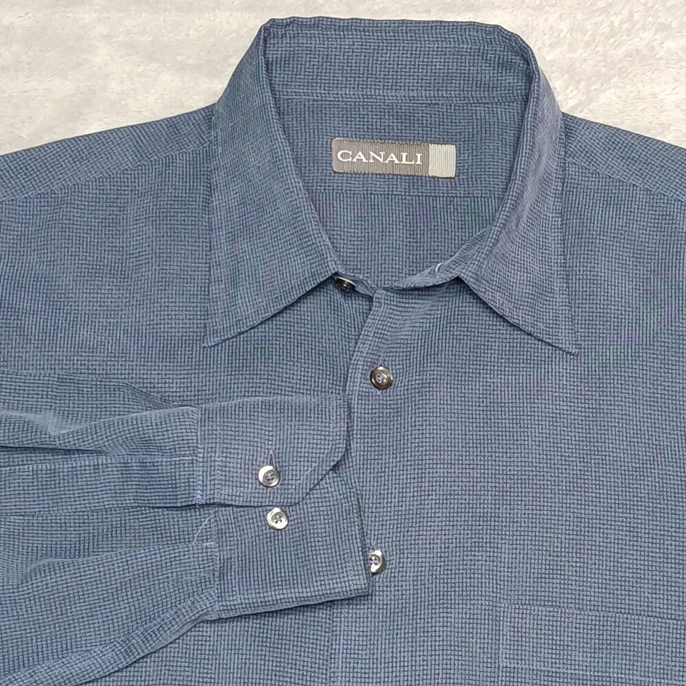 Canali Italy Blue Micro-Check Shirt XXL 46 Sartorial Excellence Quiet Luxury